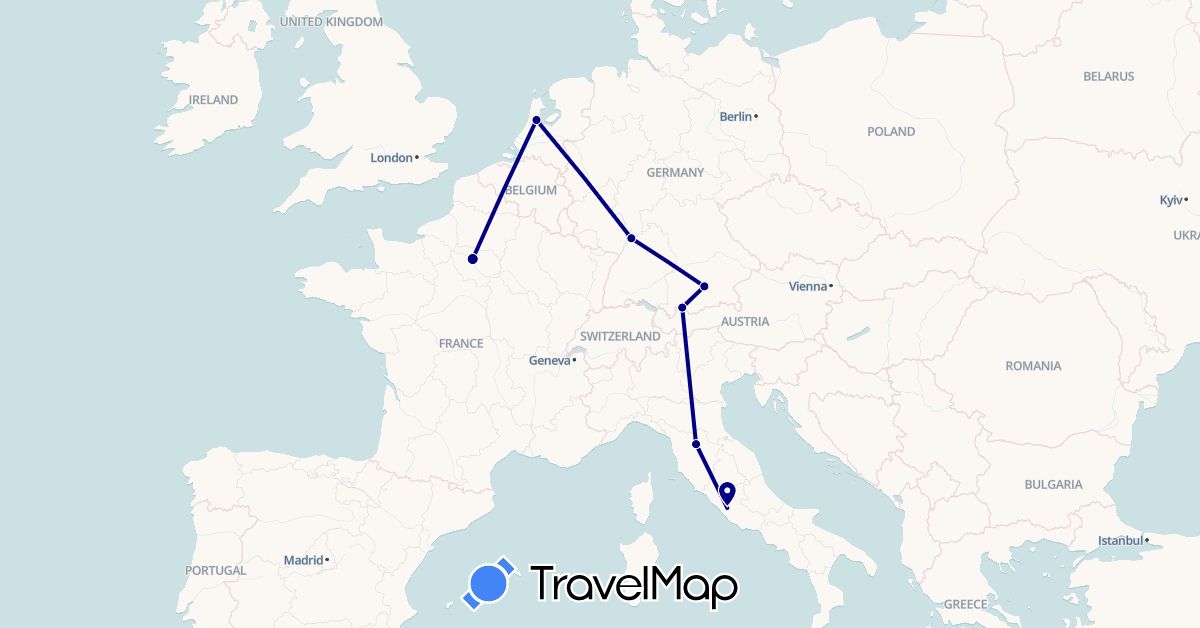 TravelMap itinerary: driving in Germany, France, Italy, Netherlands (Europe)